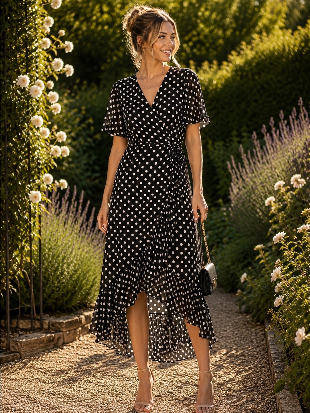 Calvin Klein Black and White Polka Dot Wrap Dress